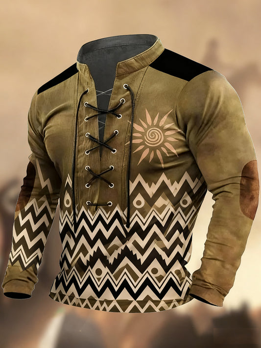 Реколта западна изкуство печат страна стил v-врата henley с дълги ръкави риза