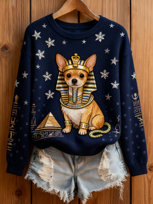 Жените реколта изкуство животински печат уютен плетен пуловер