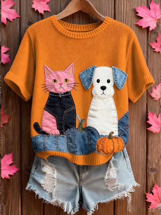 Жените артистични животински печат удобен плетене с къс ръкав отгоре