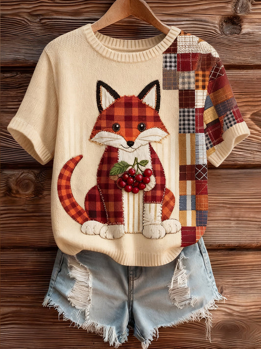 Жените артистични животински печат удобен плетене с къс ръкав отгоре