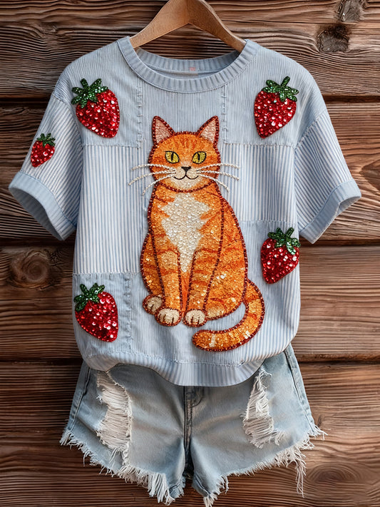 Жените артистични животински печат удобен плетене с къс ръкав отгоре