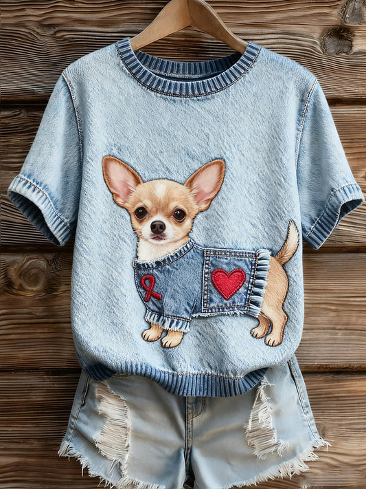 Жените артистични животински печат удобен плетене с къс ръкав отгоре