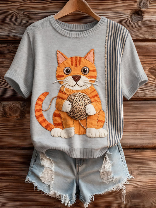 Жените артистични животински печат удобен плетене с къс ръкав отгоре