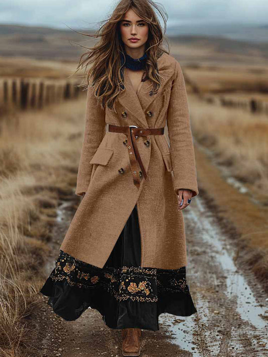 Дамско ретро бохемско двукрито есенно и зимно вълнено палто