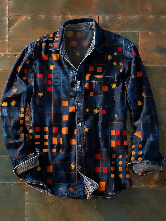 Мъжки ретро абстрактно изкуство печат случайни с дълги ръкави риза