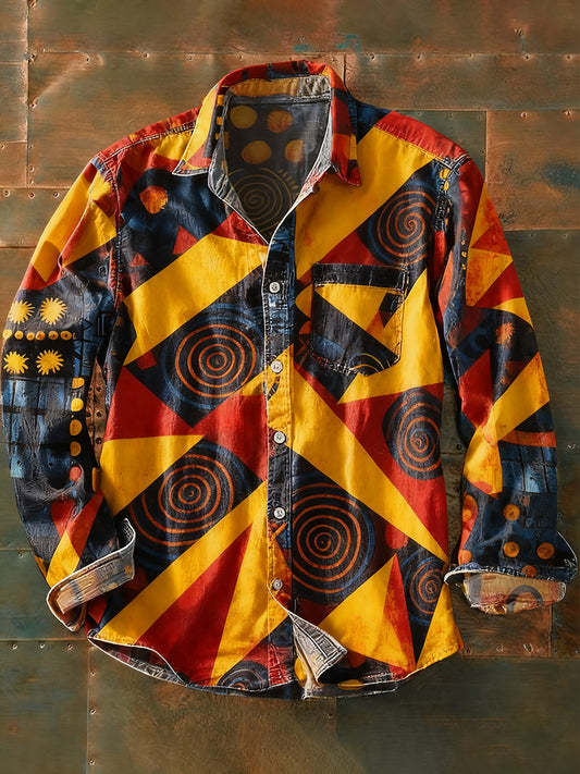 Мъжки ретро абстрактно изкуство печат случайни с дълги ръкави риза