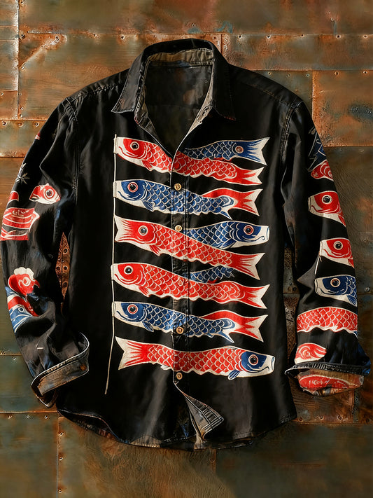 Мъжки ретро абстрактно изкуство печат случайни с дълги ръкави риза