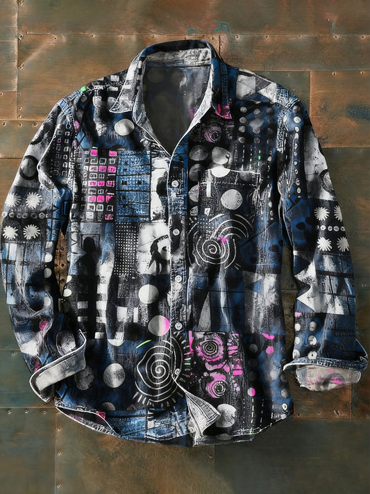 Мъжки ретро абстрактно изкуство печат случайни с дълги ръкави риза