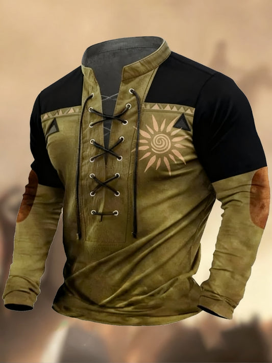 Реколта западна изкуство печат страна стил v-врата henley с дълги ръкави риза