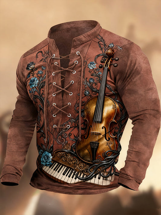 Реколта западна изкуство печат страна стил v-врата henley с дълги ръкави риза