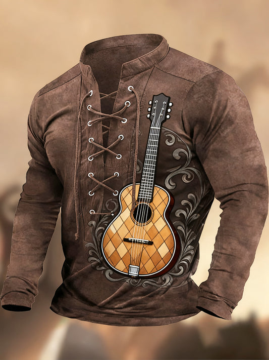 Реколта западна изкуство печат страна стил v-врата henley с дълги ръкави риза