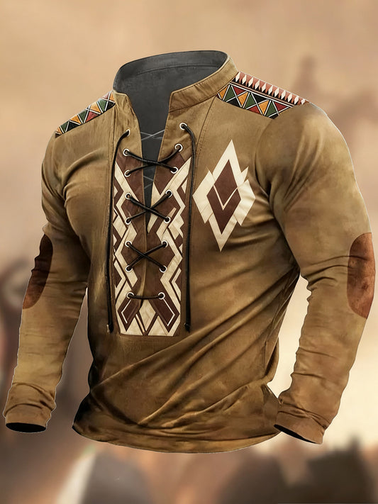 Реколта западна изкуство печат страна стил v-врата henley с дълги ръкави риза