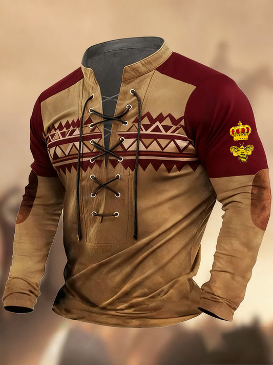 Реколта западна изкуство печат страна стил v-врата henley с дълги ръкави риза