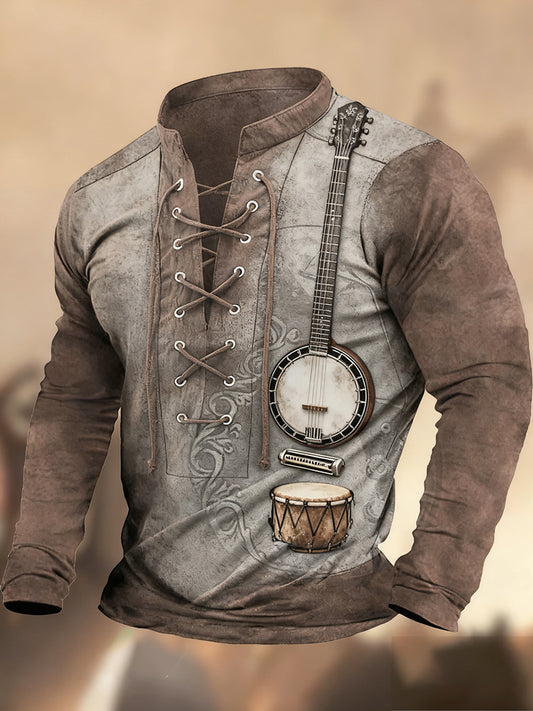 Реколта западна изкуство печат страна стил v-врата henley с дълги ръкави риза