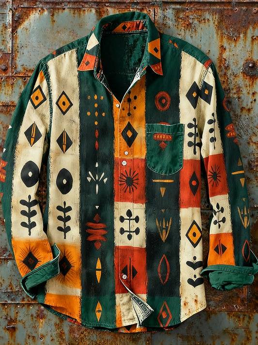 Мъжки ретро абстрактно изкуство печат случайни с дълги ръкави риза