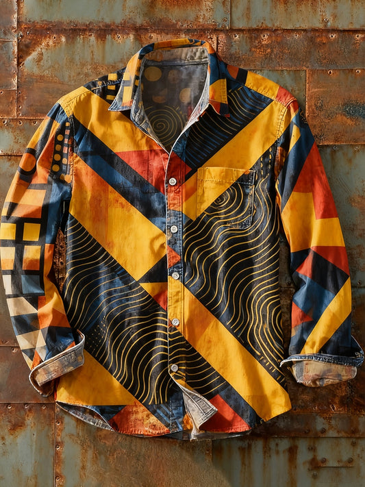 Мъжки ретро абстрактно изкуство печат случайни с дълги ръкави риза