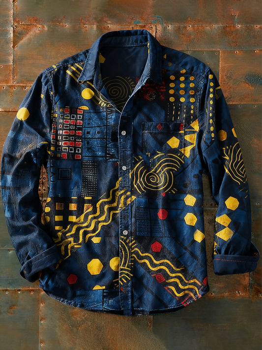 Мъжки ретро абстрактно изкуство печат случайни с дълги ръкави риза