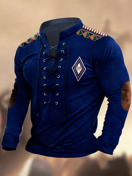 Реколта западна изкуство печат страна стил v-врата henley с дълги ръкави риза