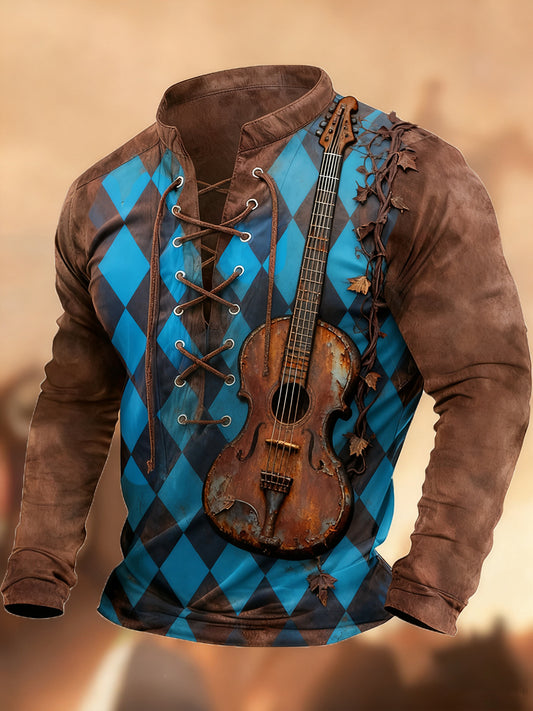 Реколта западна изкуство печат страна стил v-врата henley с дълги ръкави риза