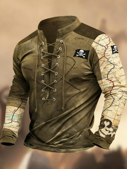 Реколта западна изкуство печат страна стил v-врата henley с дълги ръкави риза