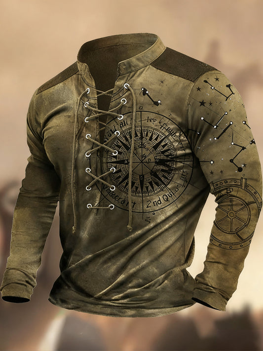 Реколта западна изкуство печат страна стил v-врата henley с дълги ръкави риза