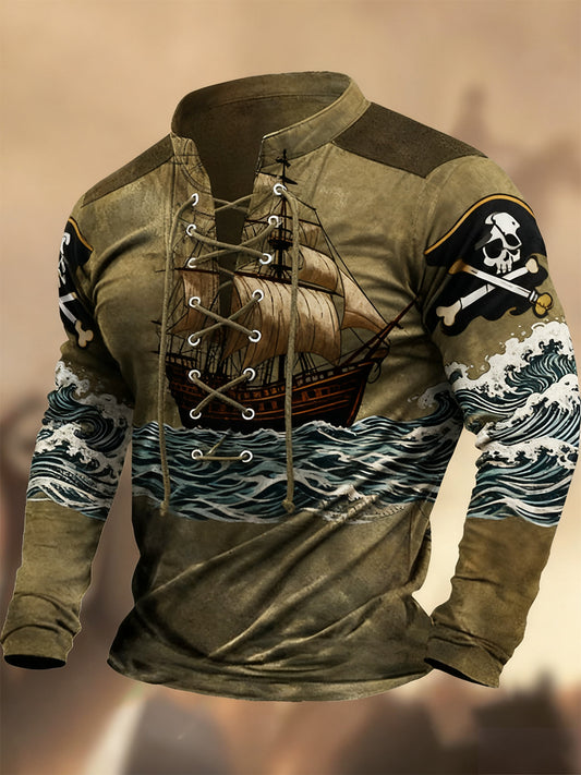 Реколта западна изкуство печат страна стил v-врата henley с дълги ръкави риза