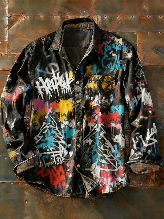 Мъжки ретро абстрактно изкуство печат случайни с дълги ръкави риза