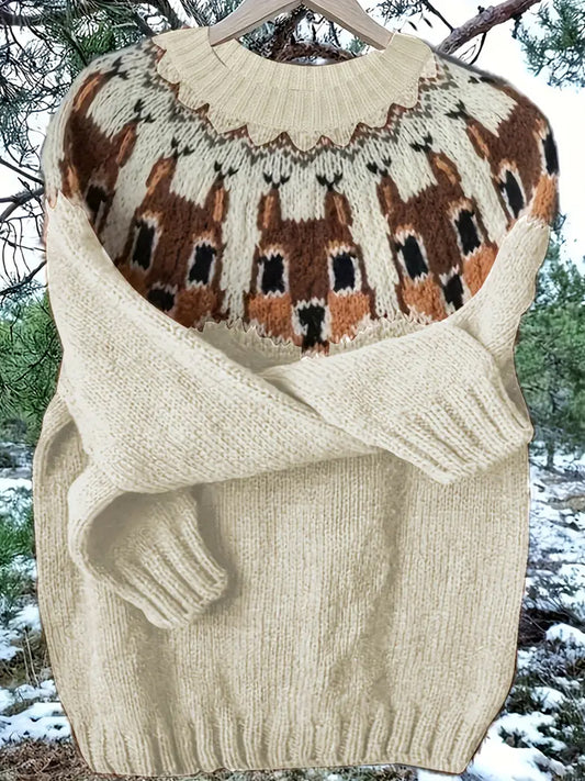 Жените реколта коледа животно изкуство печат удобни случайни пуловер