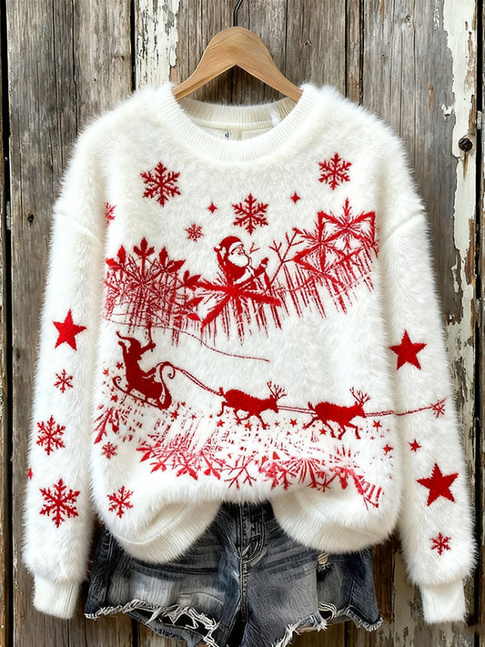 Жените реколта коледа изкуство печат уютен фланел суитчър