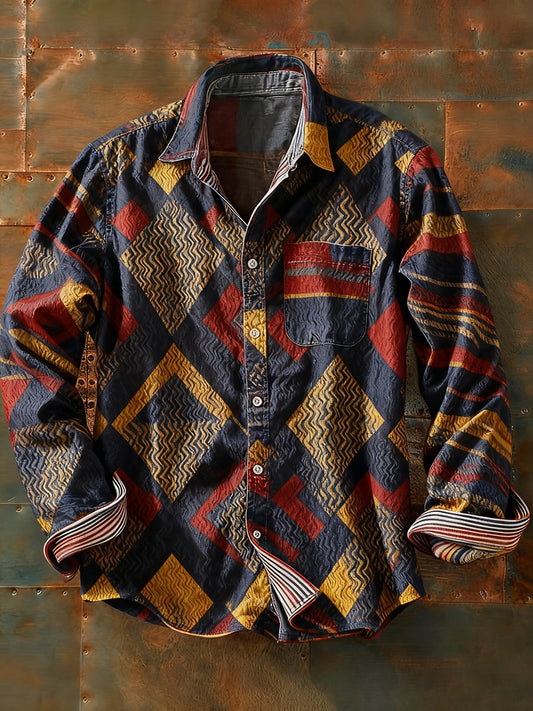 Мъжки ретро абстрактно изкуство печат случайни с дълги ръкави риза