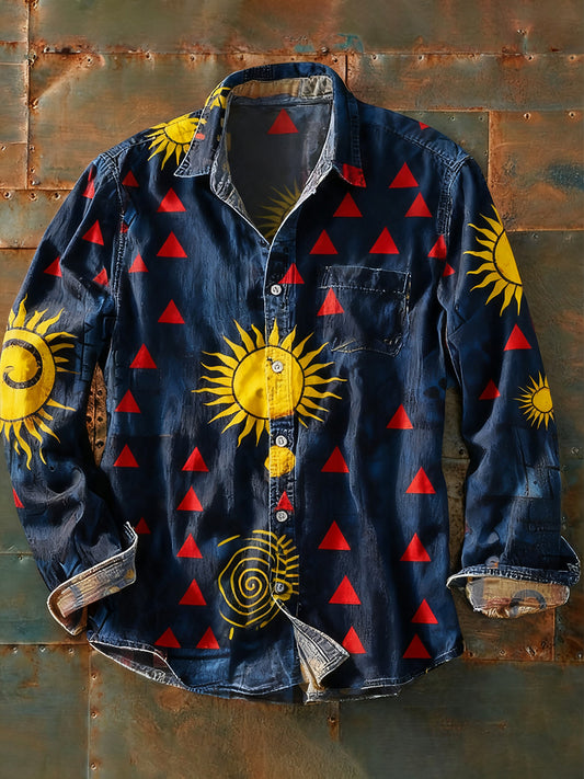 Мъжки ретро абстрактно изкуство печат случайни с дълги ръкави риза