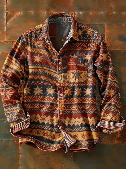 Мъжки ретро абстрактно изкуство печат случайни с дълги ръкави риза