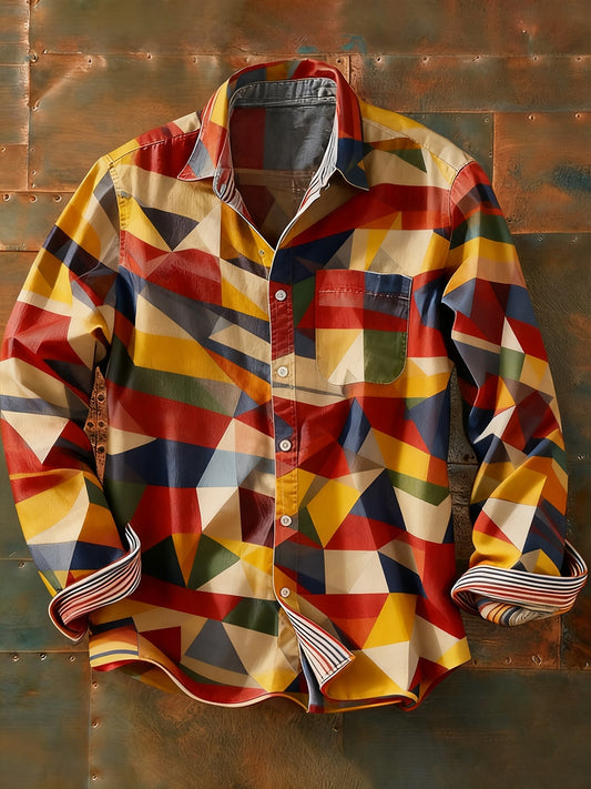 Мъжки ретро абстрактно изкуство печат случайни с дълги ръкави риза