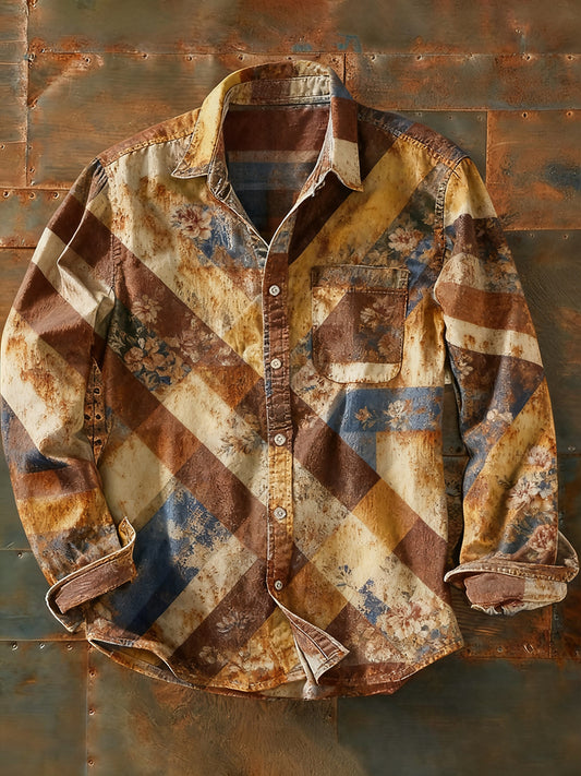 Мъжки ретро абстрактно изкуство печат случайни с дълги ръкави риза