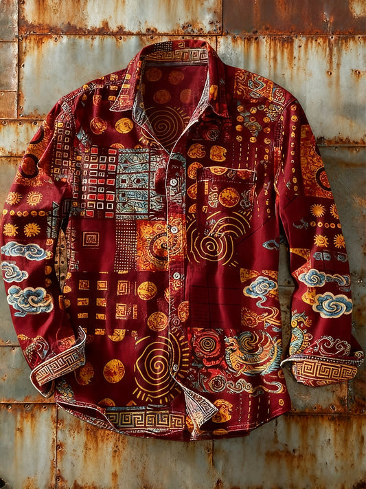 Мъжки ретро абстрактно изкуство печат случайни с дълги ръкави риза