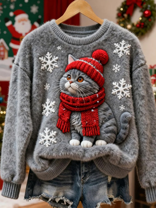 Жените ретро коледа животно изкуство печат случайни фланел отгоре