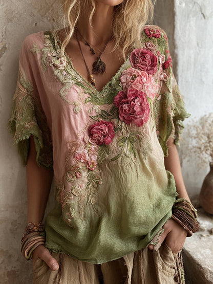 Жените ретро бохемски цветя топ