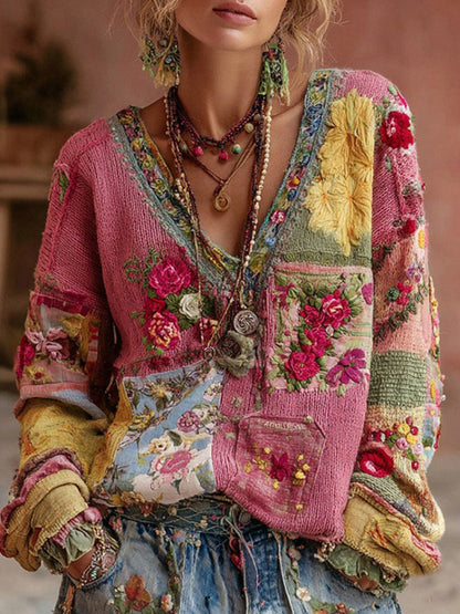 Дамски ретро бохемски цветен комфорт плетен пуловер