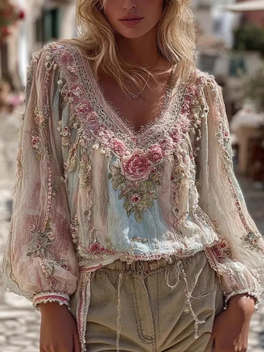 Жените ретро бохемски цветя топ