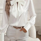 Жените ретро дълги ръкави лък-вратовръзка сатен блуза
