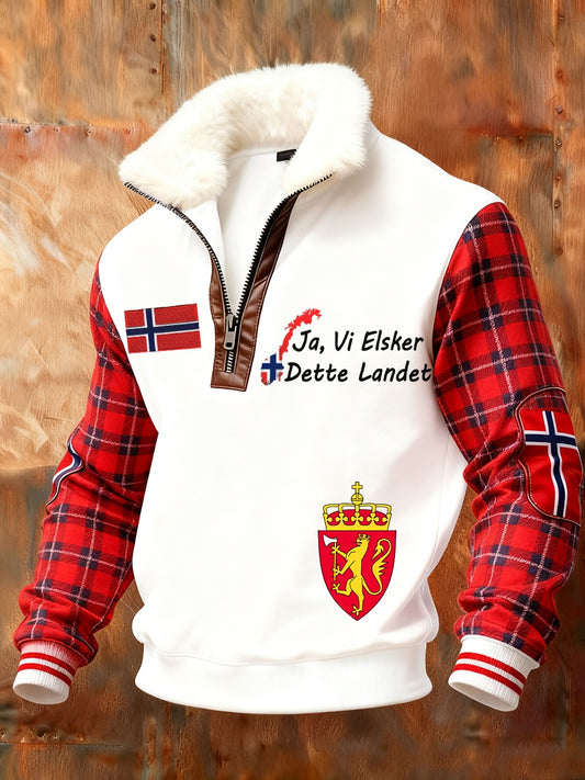 Мъжки ретро норвежки арт печат случайни козина яка суитчър