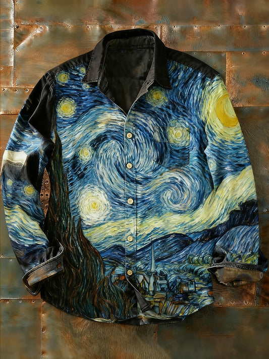 Мъжки ретро абстрактно изкуство печат случайни с дълги ръкави риза