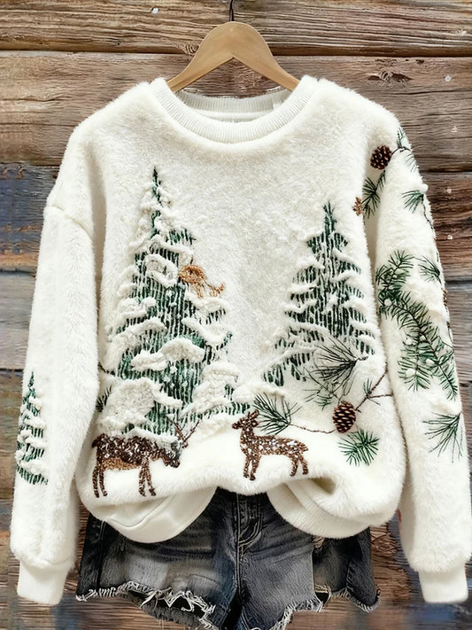 Дамски ретро коледа животно изкуство печат удобен фланел случайни пуловер