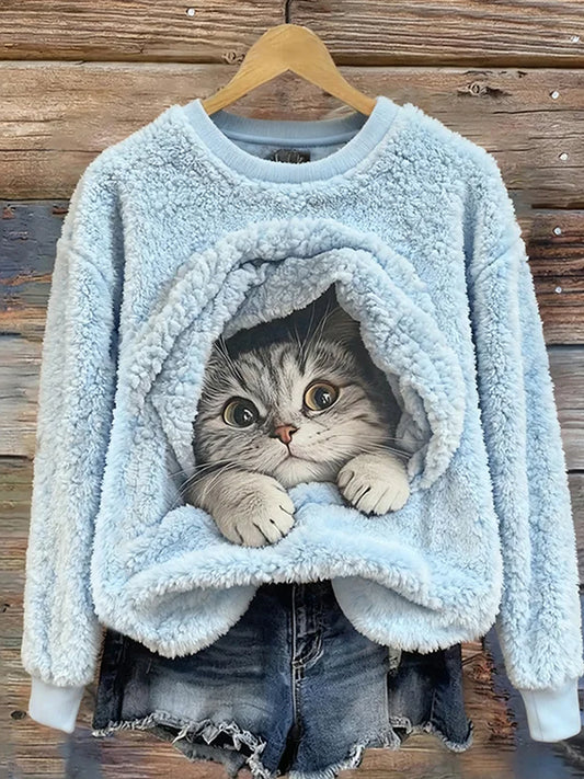 Дамски ретро коледа животно изкуство печат удобен фланел случайни пуловер