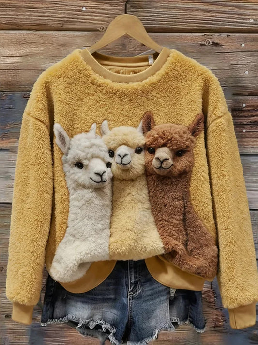 Дамски ретро коледа животно изкуство печат удобен фланел случайни пуловер