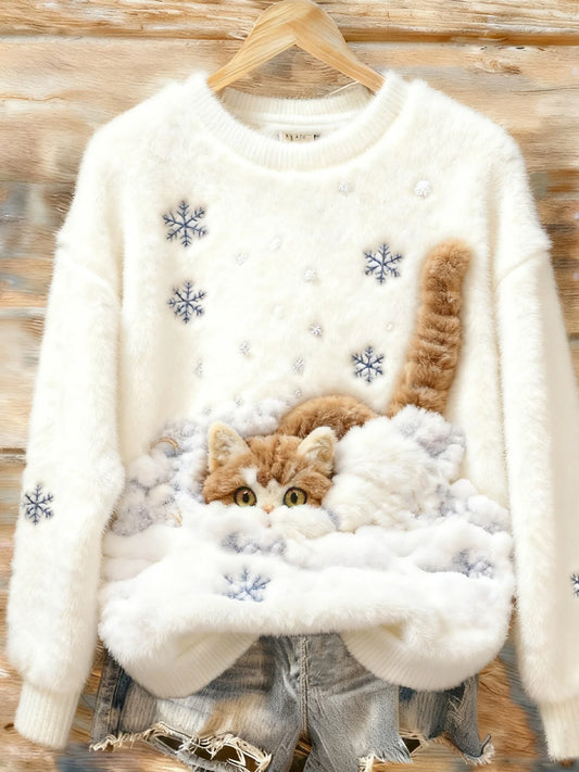 Дамски ретро коледа животно изкуство печат удобен фланел случайни пуловер